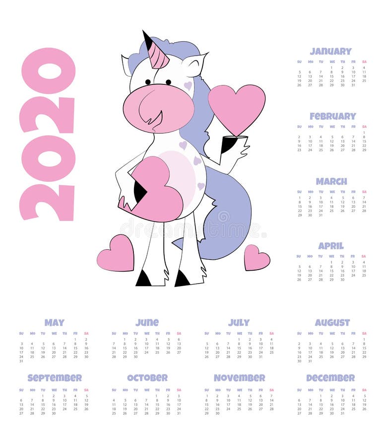 Unicorn Calendar For 2020 Year. Cute Girly Design