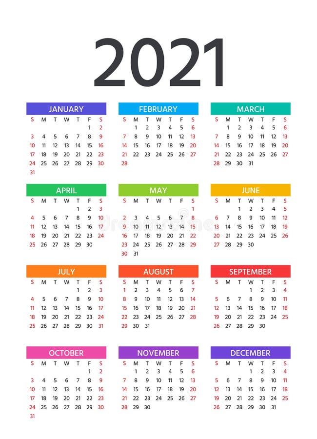 2021 Calendar. Vector Illustration. Template Year Planner