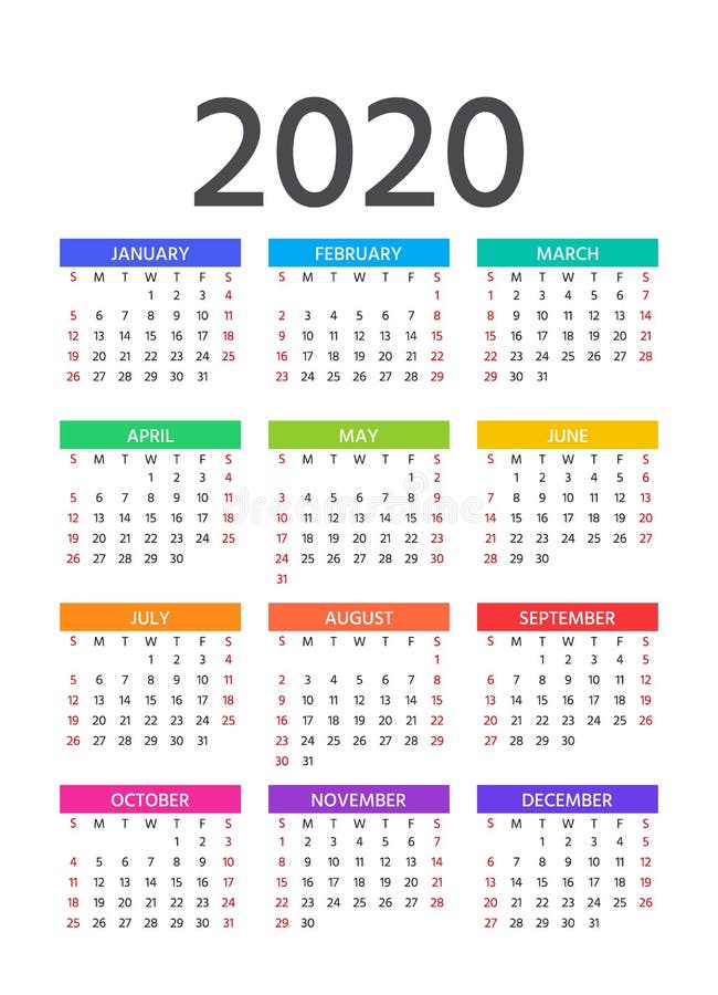 2020 Calendar. Vector illustration. Template year pocket planner