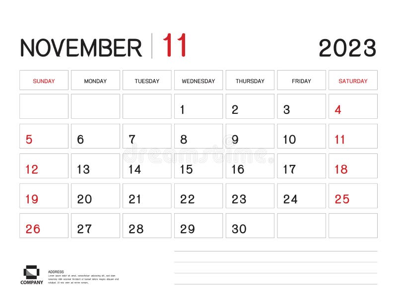 Calendar 2023 Vector- November 2023 Year Planner Template, Desk
