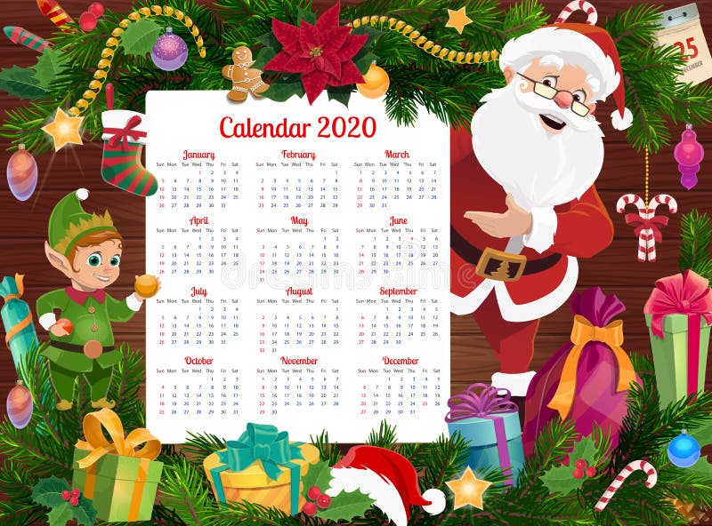 Christmas Calendar with Santa, Elf and Xmas Gifts Stock Vector -  Illustration of ball, green: 162361424