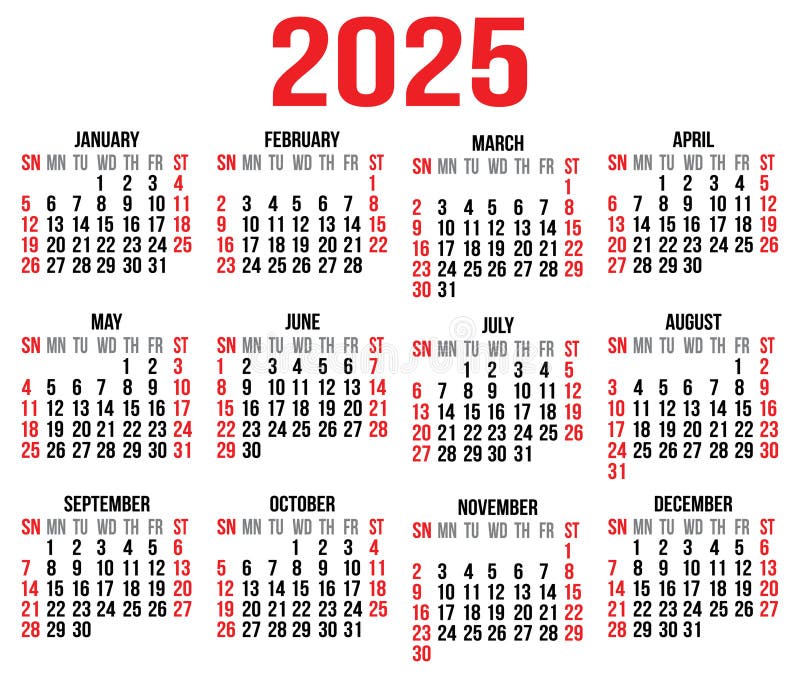 Calendar 2025, 2026, 2027, 2028 Years Set. Stock Vector - Illustration ...