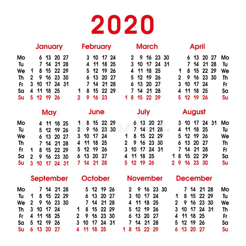 2020 Calendar. Vertical Grid Stock Vector - Illustration of saturday ...