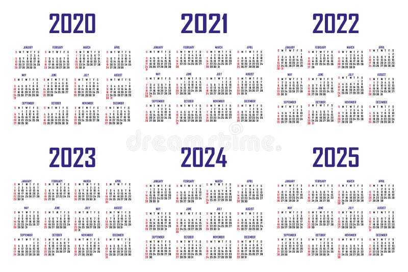 Year 2020 2021 2022 2023 2024 2025 Calendar Vector Design Template