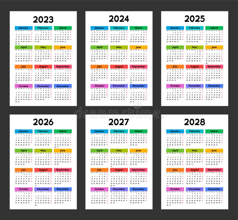 calendar-2023-2024-2025-2026-2027-2028-week-starts-on-monday-basic-template-stock-vector