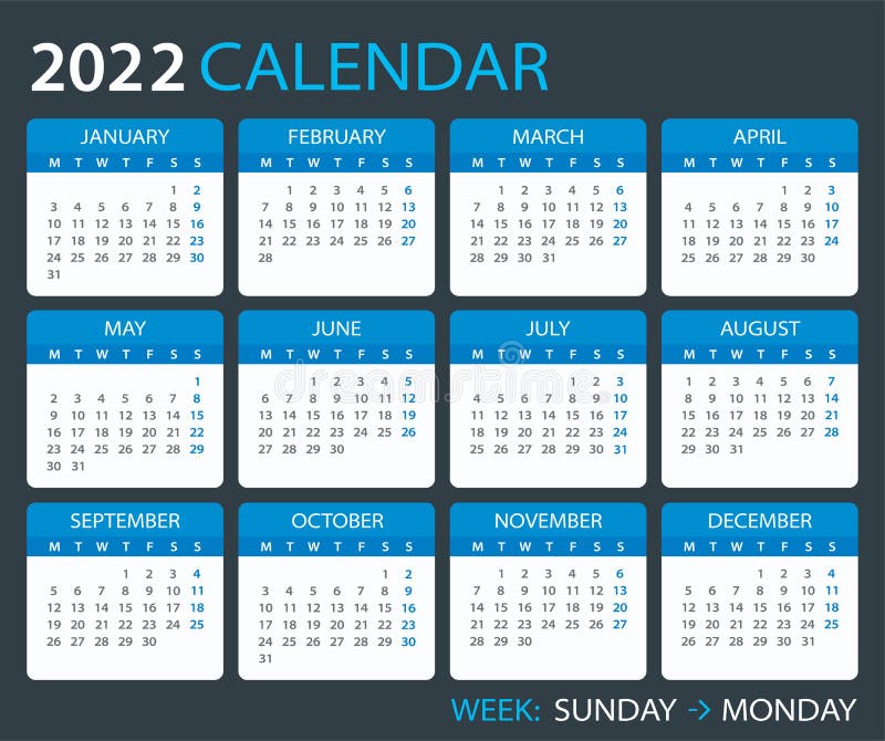 European Calendar 2022 2022 Calendar - Week Starts From Monday. European Version - Vector Template  Graphic Illustration Stock Vector - Illustration Of January, Horizontal:  219130190