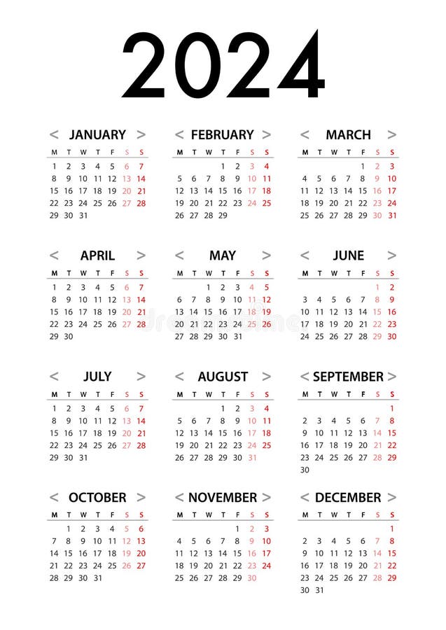 Calendar for 2024 Week Starts Monday. Simple Vector Graphic Stock