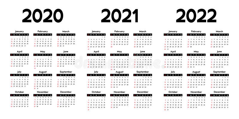 Beoordeling draadloos Kroniek Calendar 2020, 2021 and 2022, Week Starts on Sunday Stock Vector -  Illustration of month, color: 155730646
