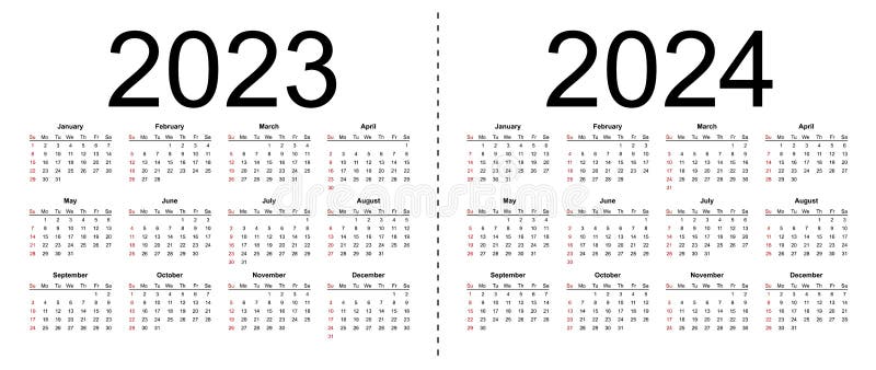 Calendar 2023, 2024. Week Starts from Sunday, Business Template Stock