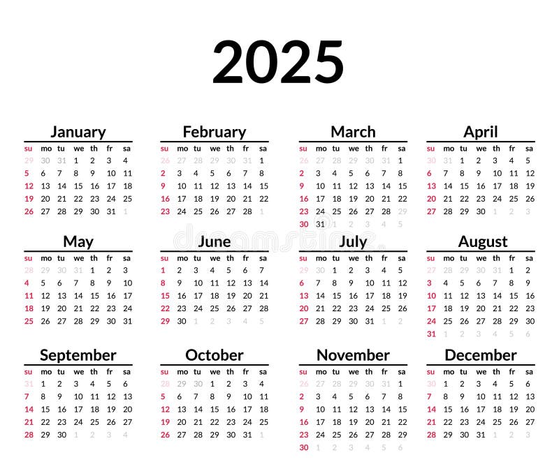 2025 Calendar. Week Starts on Sunday. Simple Calendar Layout. Yearly