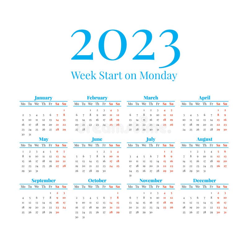 2023 Calendar With The Weeks Start On Monday Stock Vector - Illustration Of Organizer, Season ...