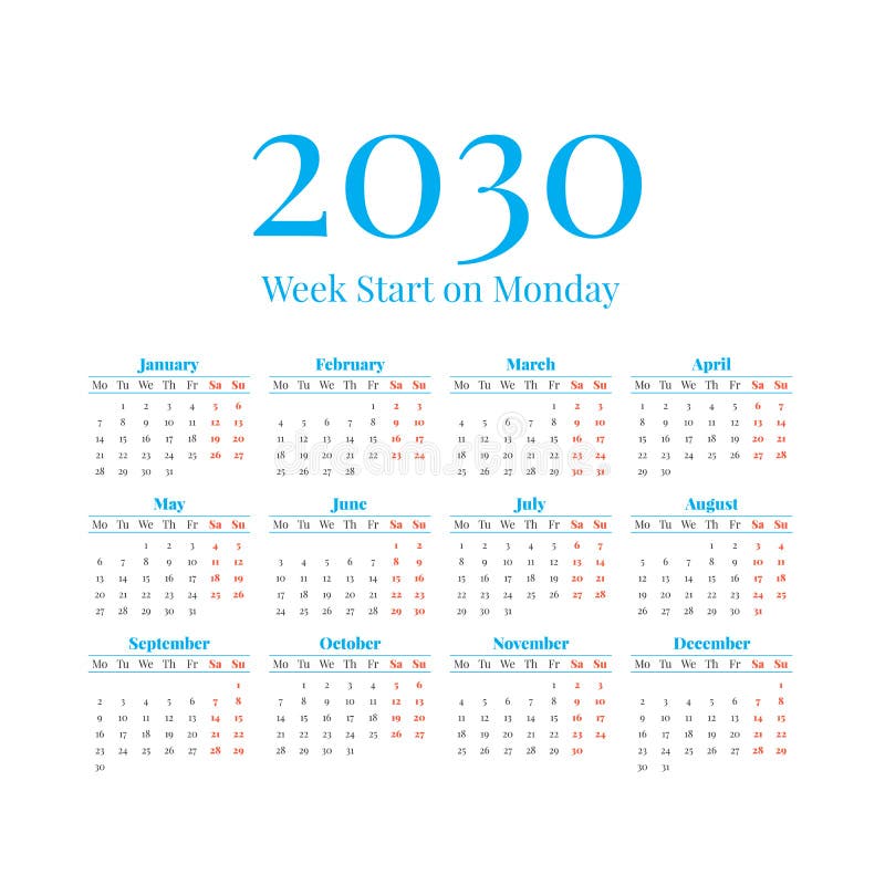 2030 Calendar With The Weeks Start On Monday Stock Vector