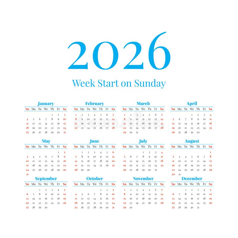 2026 Calendar with the Weeks Start on Monday Stock Vector