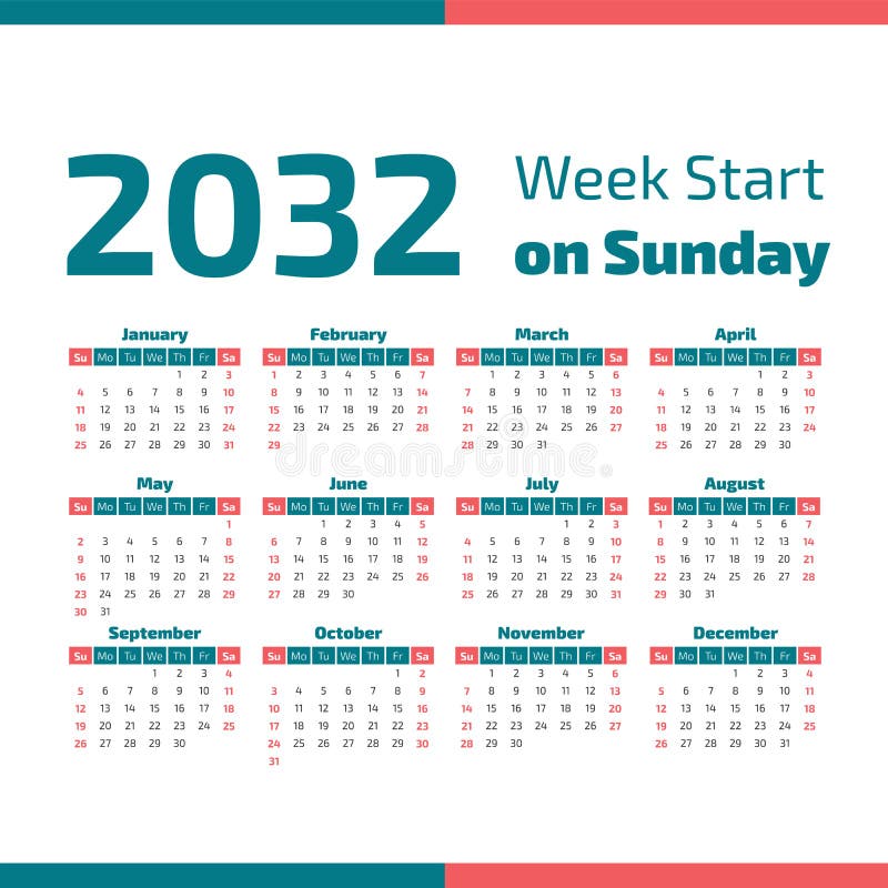 2032 Calendar With The Weeks Start On Sunday Stock Vector