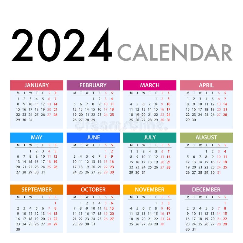 Calendar for 2024 on White Background. Week Starts Monday Stock Vector