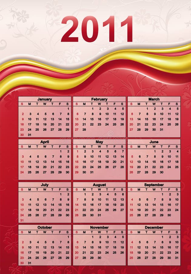 Colorful Calendar for Year 2011, week starts on Sunday.