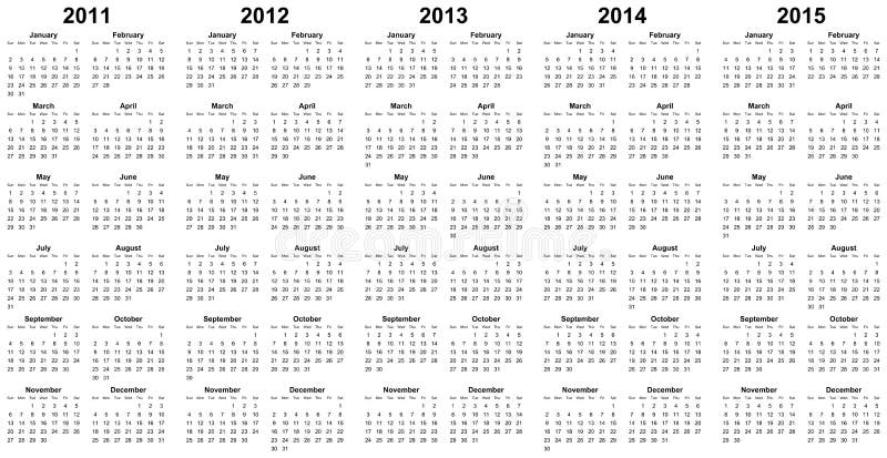 Calendar for year 2011, 2012, 2013, 2014, 2015