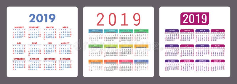 Calendar 2019 year. Colorful English set. Week starts on Sunday. stock illustration Calendar 2019 year. Colorful English set. Week starts on Sunday. stock illustration