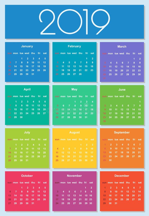 Календарь 2025 года на русском цветной Calendar 2019 Year. Colorful Set Stock Vector - Illustration of holiday, basic: 