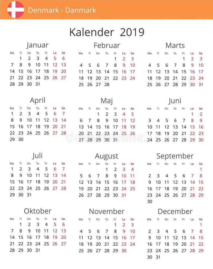 Calendar 2019 Year for Denmark Country Stock Illustration