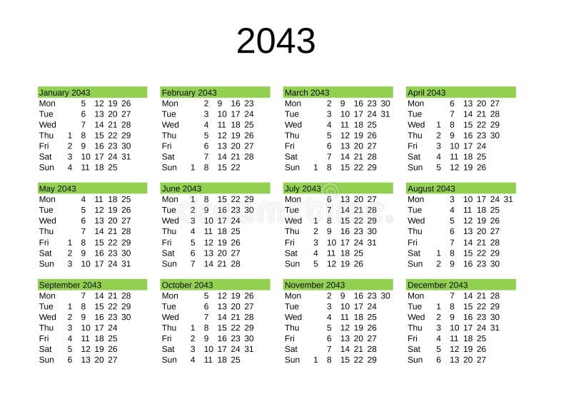 Year 2043 Calendar in English Stock Illustration - Illustration of year