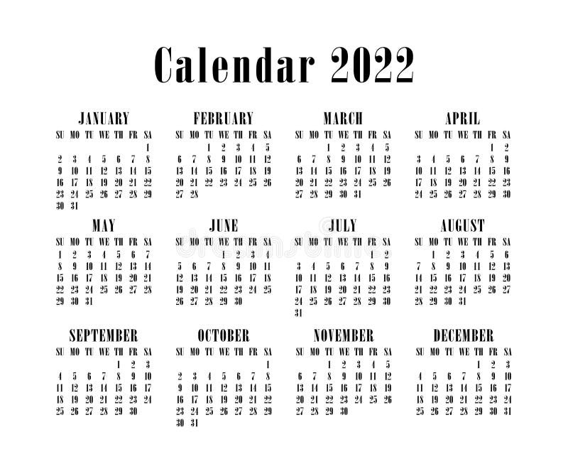 Calendar 2022 Year. English Vector Calender Template Stock Vector