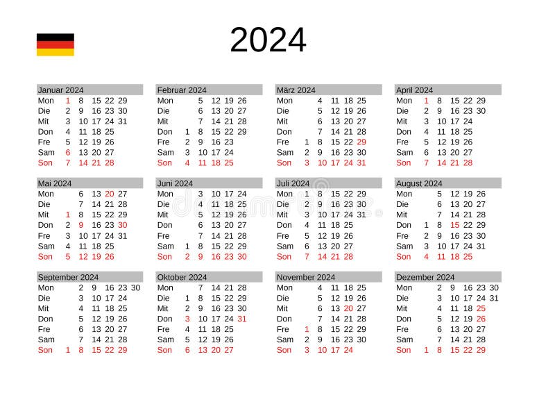 Year 2024 Calendar in German with Germany Holidays Stock Illustration