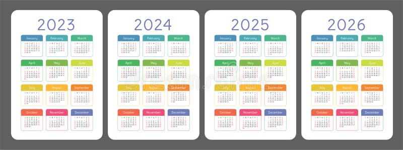 Calendar 2023, 2024, 2025 and 2026 Year Set. Vector Calender Template