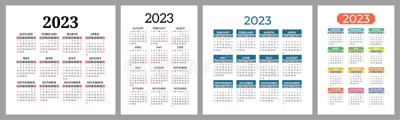 Calendar 2023 Year Set Vector Template Collection Ready Design Week