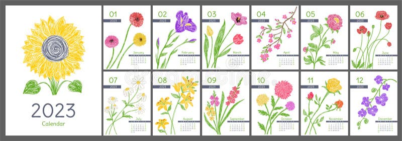 Calendar 2023 Year Sunflower Rose Tulip Flowers Calender Design