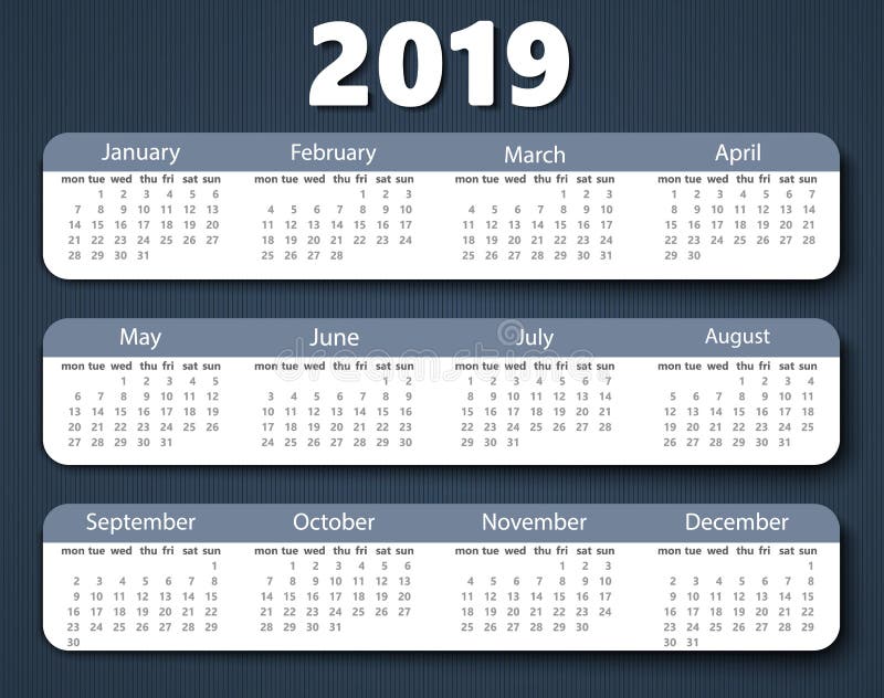 Calendar 2019 Year Vector Design Template Week Starting On Monday