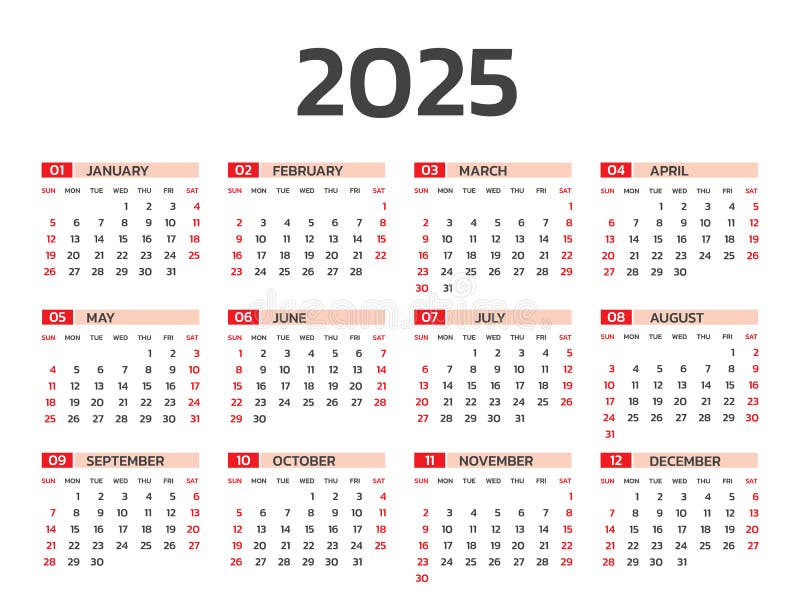 Calendar 2025 Year Vector Illustration, Set of 12 Calendar, Week Starts