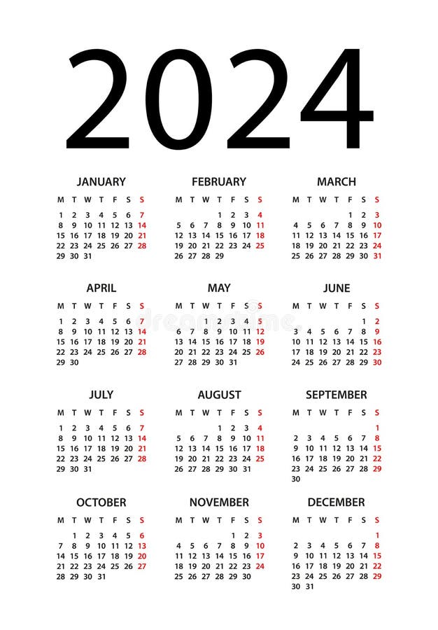 Calendar 2024 Year Vector Illustration. Week Starts on Monday