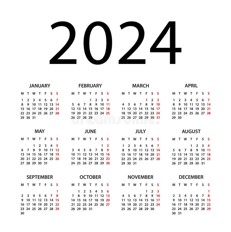 Calendar 2024 Year Vector Illustration. Week Starts on Monday