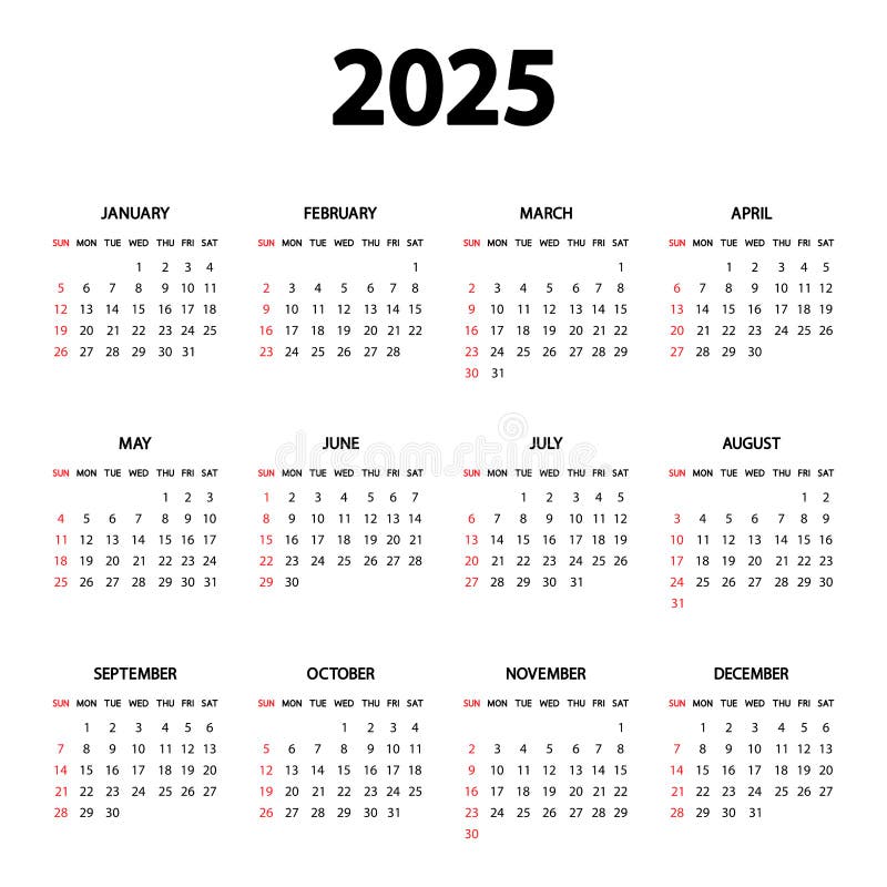 Calendar 2025 Year. the Week Starts Sunday. Annual English Calendar ...