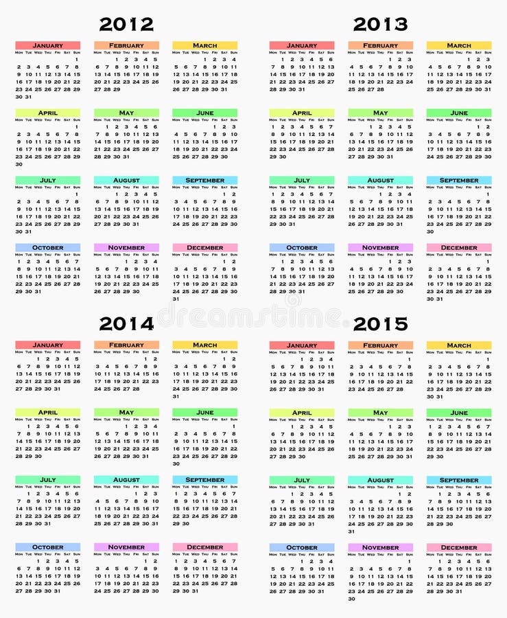 Calendar for years 2012 - 2015