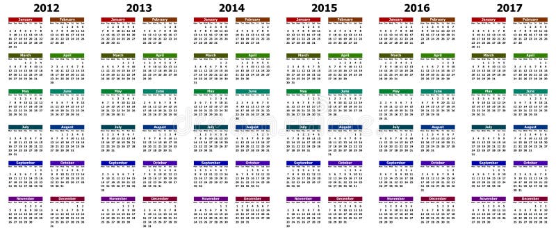 Calendar for years 2012 - 2017