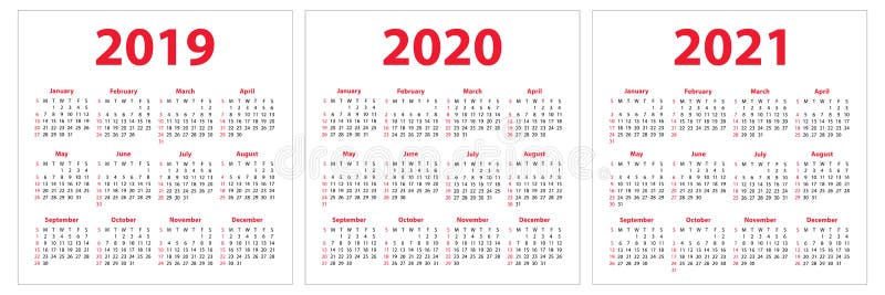 bu calendar 2021 Calendar 2019 2020 2021 Years Colorful Set Week Starts On Sunday Basic Grid Stock Vector Illustration Of Number Grid 117998315 bu calendar 2021
