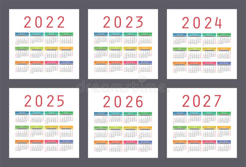 calendar-2022-2023-2024-2025-2026-and-2027-years-english-colorful-vector-set-square-wall
