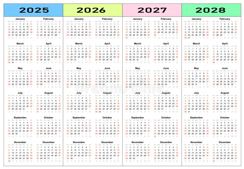 Calendar 2025, 2026, 2027, 2028 Years Set. Stock Vector Illustration