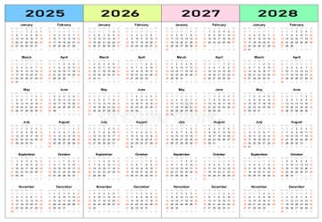 Calendar 2025 2026 2027 2028 Years Set Stock Vector Illustration Of Years Minimal 181922101