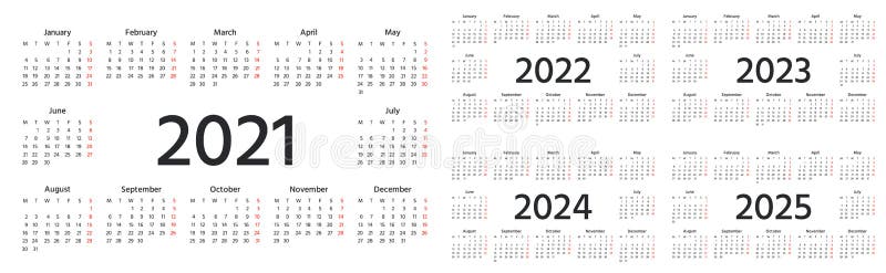 Calendar 2021 2022 2023 2024 2025 Years Vector Illustration Desk