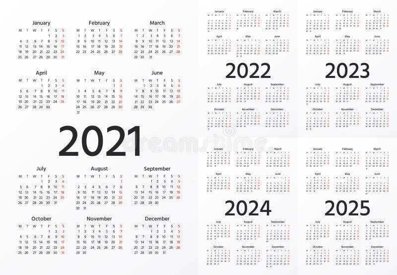 Calendar 2021 2022 2023 2024 2025 Years Vector Illustration