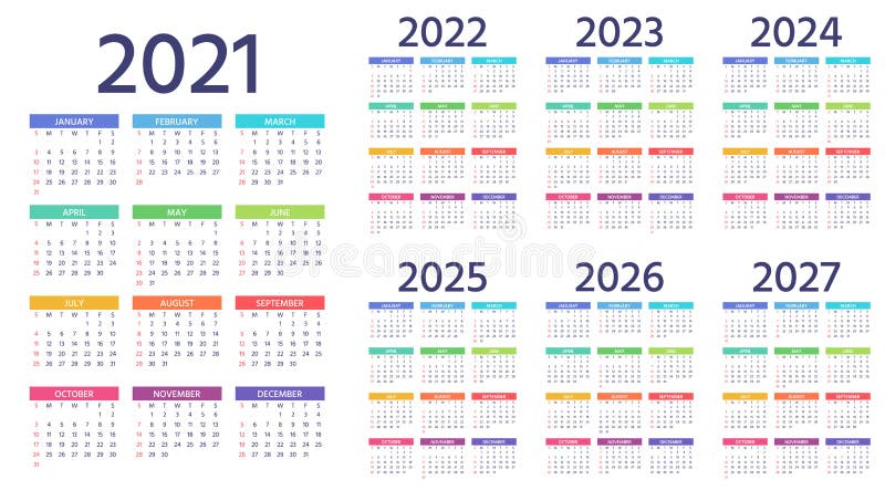 Calendar 2021 2022 2023 2024 2025 2026 2027 Years. Vector ...