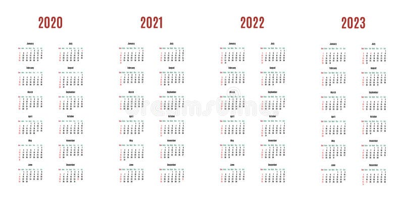 Calendar 2020 2021 2022 2023 Years Week Starts On Sunday Vertical