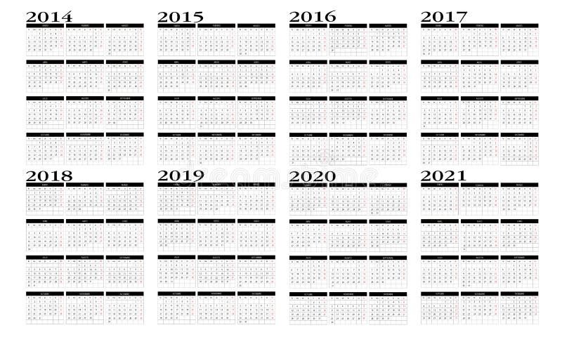 Calendari 2014 - 2021 illustrazione vettoriale