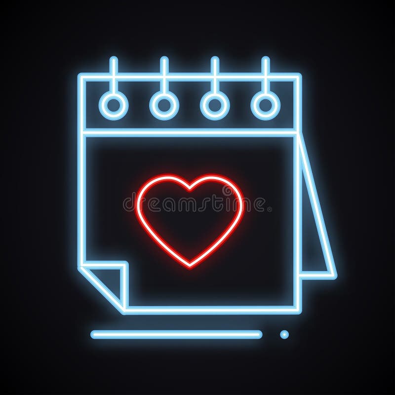 Calendario al neon realistico con il segno del cuore Ricordo d'ardore Simbolo felice luminoso di San Valentino Amore, coppia illustrazione vettoriale Calendario al neon realistico con il segno del cuore Ricordo d'ardore Simbolo felice luminoso di San Valentino Amore, coppia illustrazione vettoriale