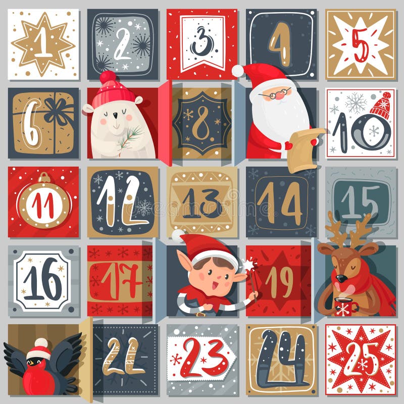Calendario anticipado. el afiche de las vacaciones de invierno de diciembre de las fechas festivas con personajes de navidad santa