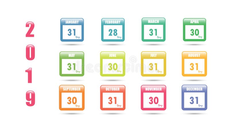 Calendario colorido del vector para 2019 con el número de días en un mes stock de ilustración Calendario colorido del vector para 2019 con el número de días en un mes stock de ilustración