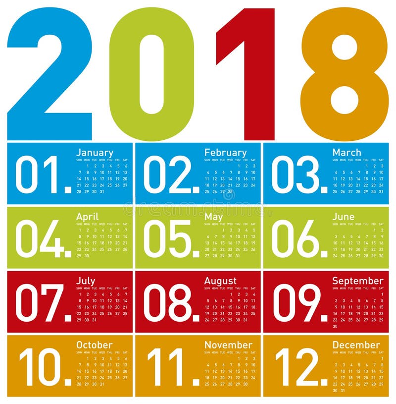 Calendario colorido por el año 2018, en s ilustración del vector Calendario colorido por el año 2018, en s ilustración del vector